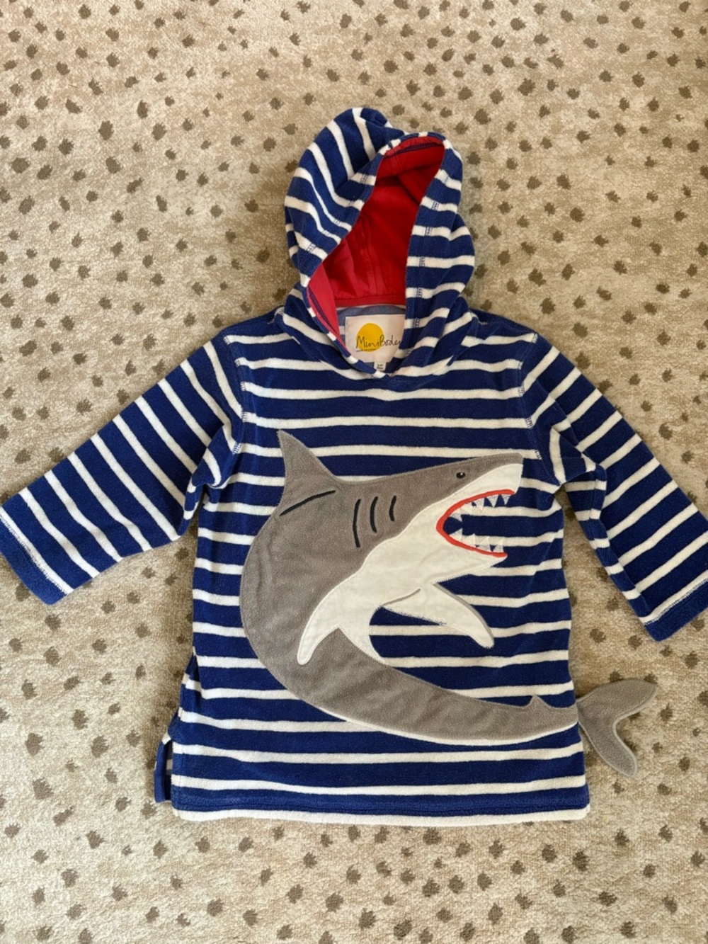 Mini Boden Blue Stripe Shark Hooded Kids Terry cloth Swim Coverup
